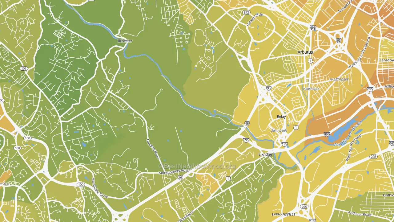 Map of the best neighborhoods in the St Denis, Catonsville area, with better matches in green and worse matches in red