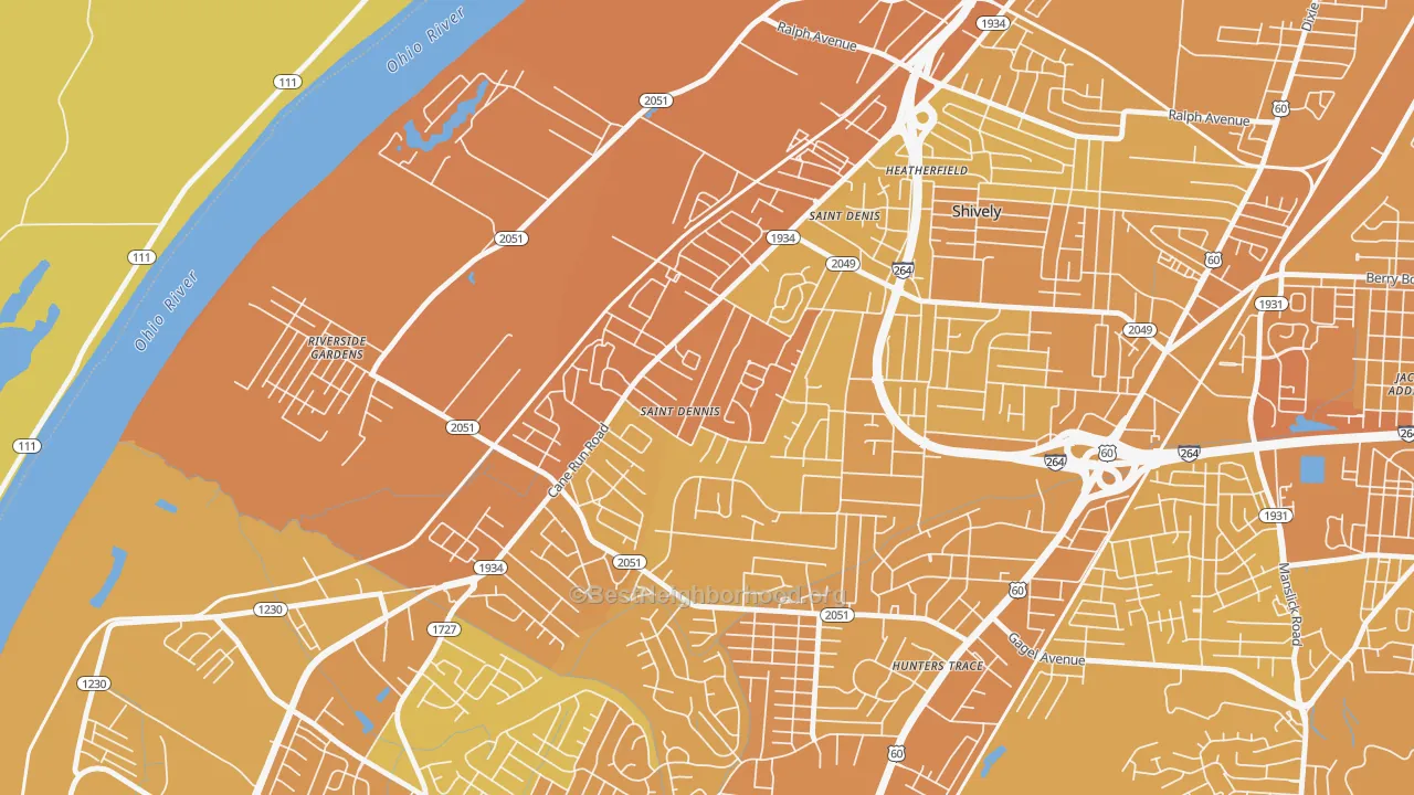 Map of the best neighborhoods in the St. Dennis, Louisville area, with better matches in green and worse matches in red