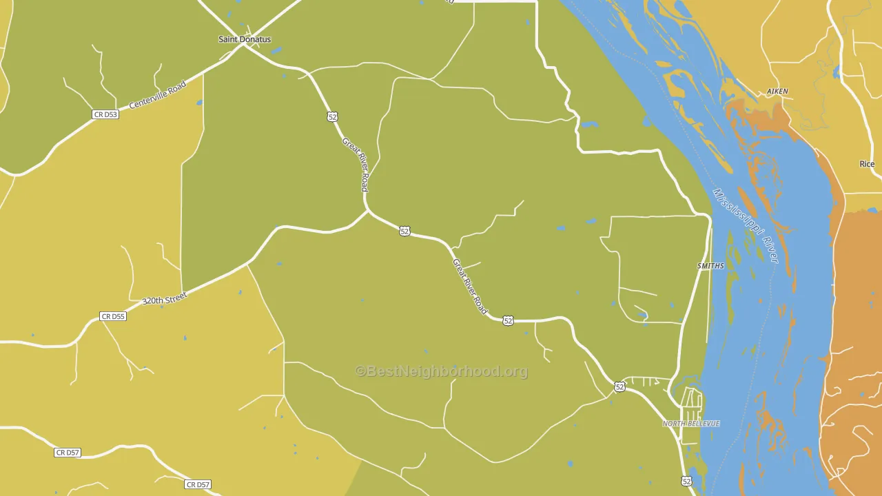Map of the best neighborhoods in the St. Donatus area, with better matches in green and worse matches in red