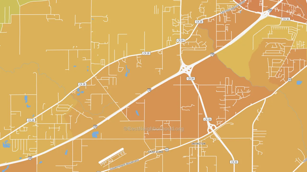 Map of the best neighborhoods in the St. Elmo area, with better matches in green and worse matches in red