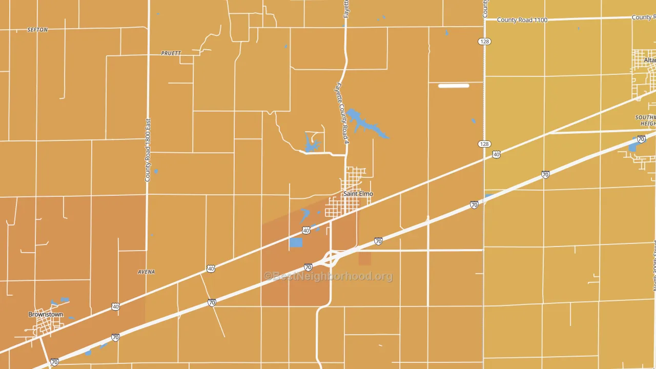 Map of the best neighborhoods in the St. Elmo area, with better matches in green and worse matches in red
