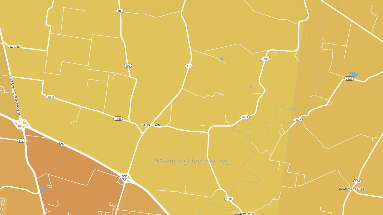 Map of the best neighborhoods in the St. Elmo area, with better matches in green and worse matches in red