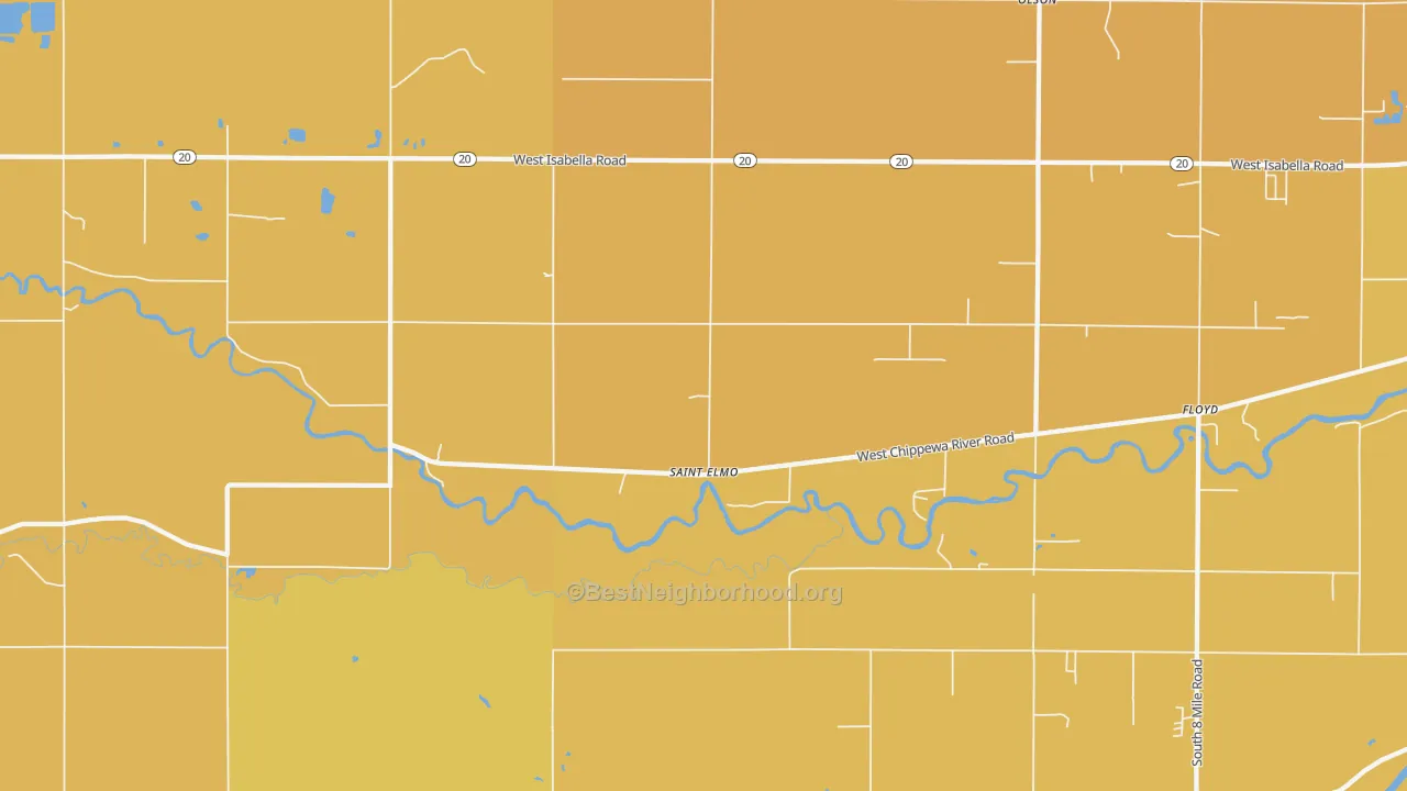 Map of the best neighborhoods in the St. Elmo area, with better matches in green and worse matches in red