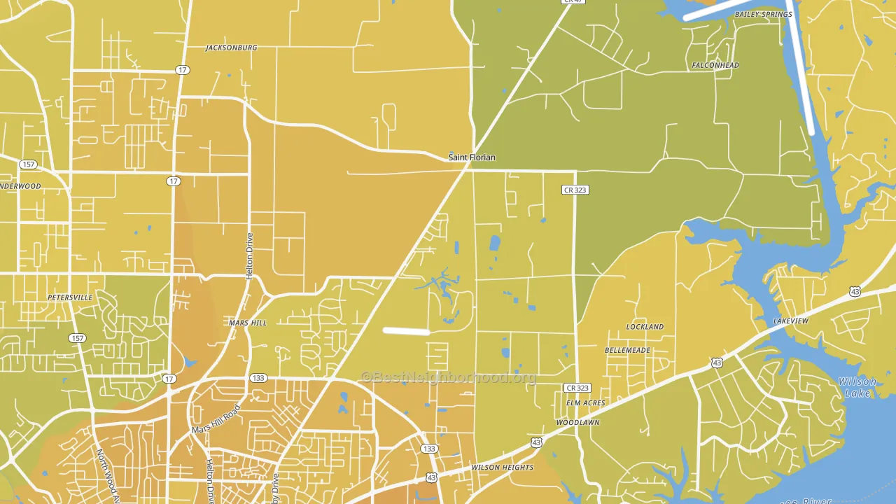 Map of the best neighborhoods in the St. Florian area, with better matches in green and worse matches in red