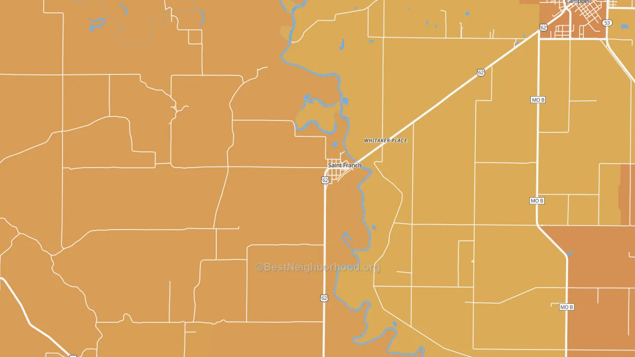 Map of the best neighborhoods in the St. Francis area, with better matches in green and worse matches in red