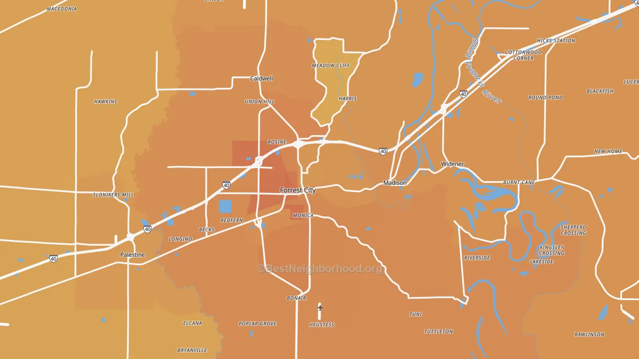 Map of the best neighborhoods in the St. Francis County area, with better matches in green and worse matches in red