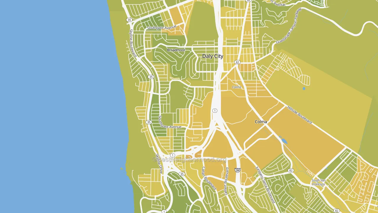 Map of the best neighborhoods in the St. Francis, Daly City area, with better matches in green and worse matches in red