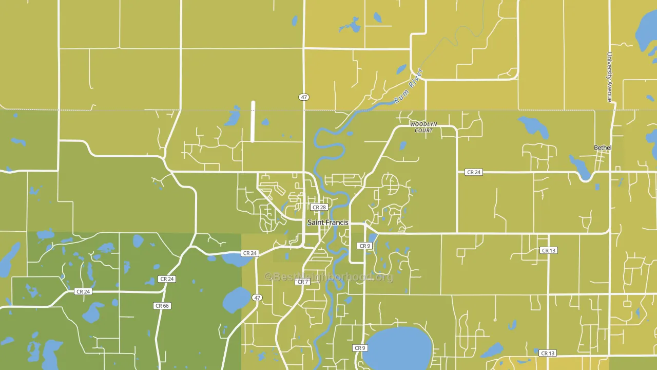 Map of the best neighborhoods in the St. Francis area, with better matches in green and worse matches in red