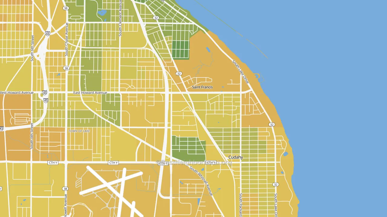 Map of the best neighborhoods in the St. Francis area, with better matches in green and worse matches in red
