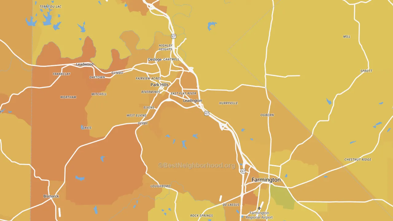 Map of the best neighborhoods in the St. Francois County area, with better matches in green and worse matches in red