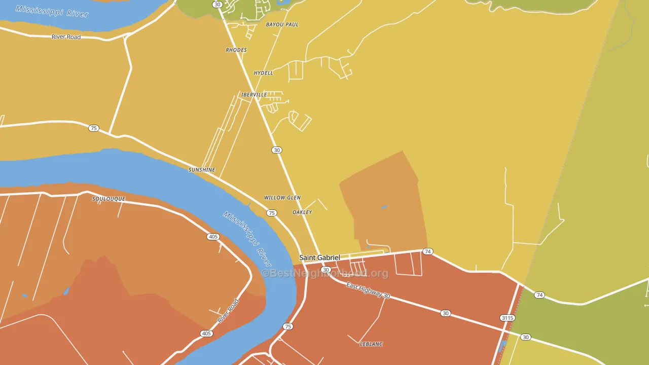 Map of the best neighborhoods in the St. Gabriel area, with better matches in green and worse matches in red
