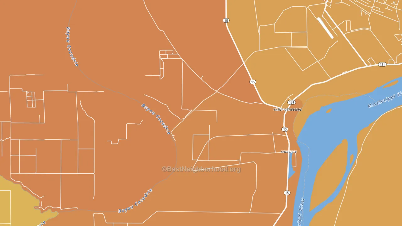 Map of the best neighborhoods in the St. Genevieve area, with better matches in green and worse matches in red