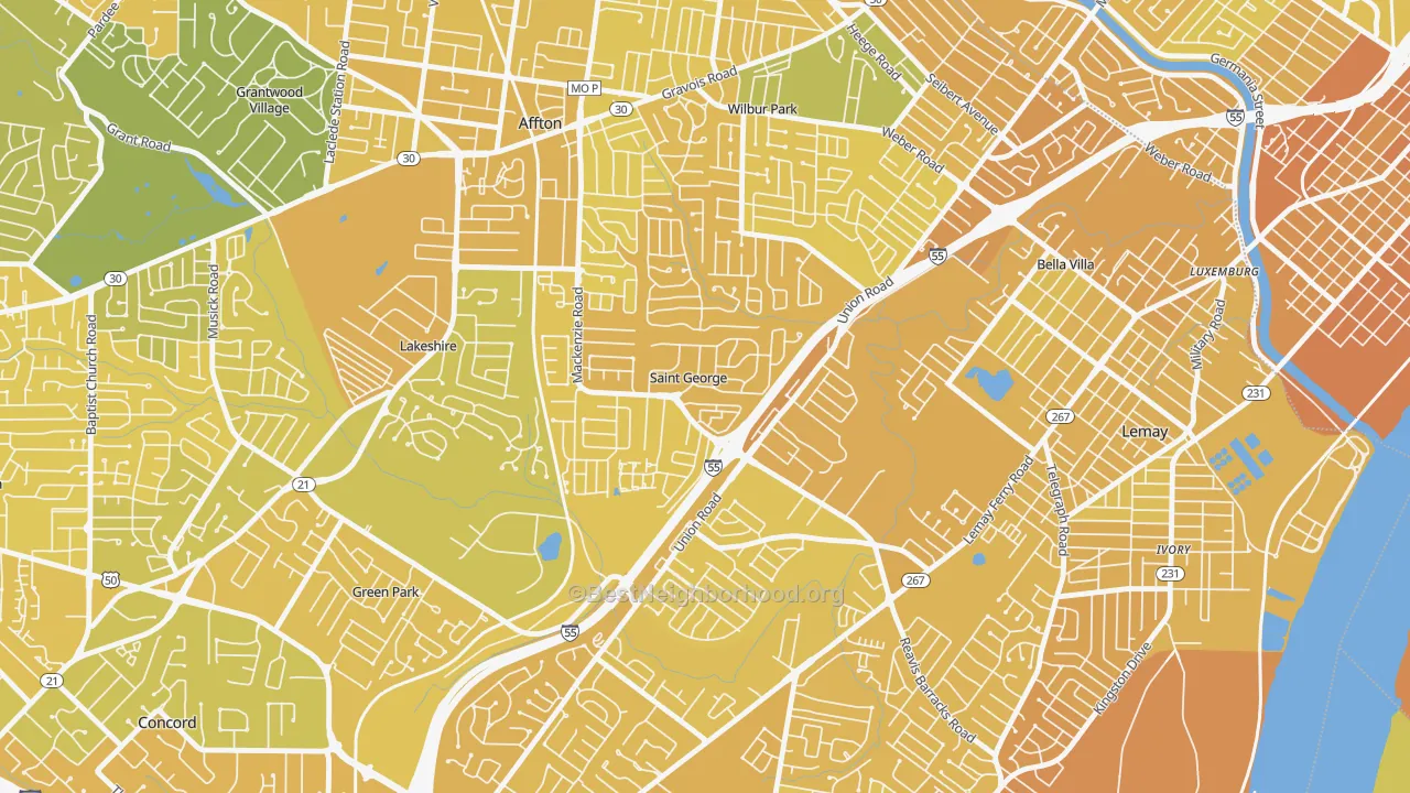 Map of the best neighborhoods in the St. George area, with better matches in green and worse matches in red