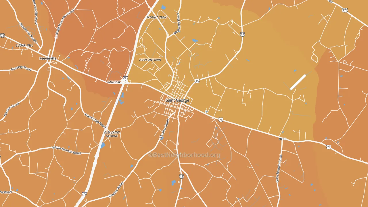 Map of the best neighborhoods in the St. George area, with better matches in green and worse matches in red