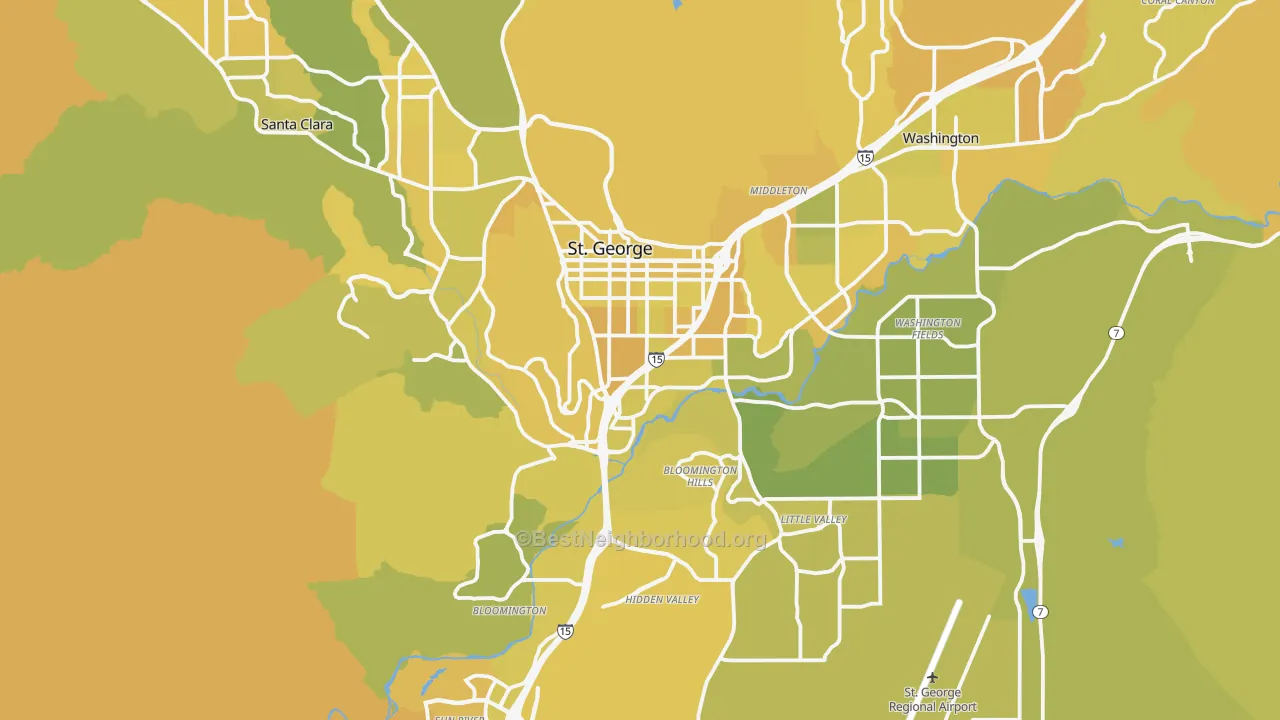 Map of the best neighborhoods in the St. George Metro area, with better matches in green and worse matches in red
