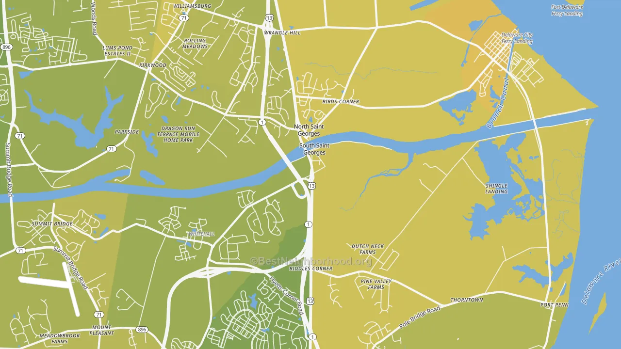 Map of the best neighborhoods in the St. Georges area, with better matches in green and worse matches in red