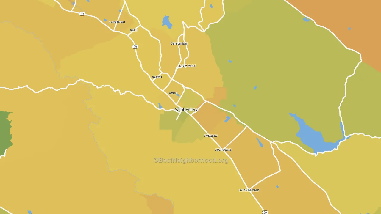 Map of the best neighborhoods in the St. Helena area, with better matches in green and worse matches in red