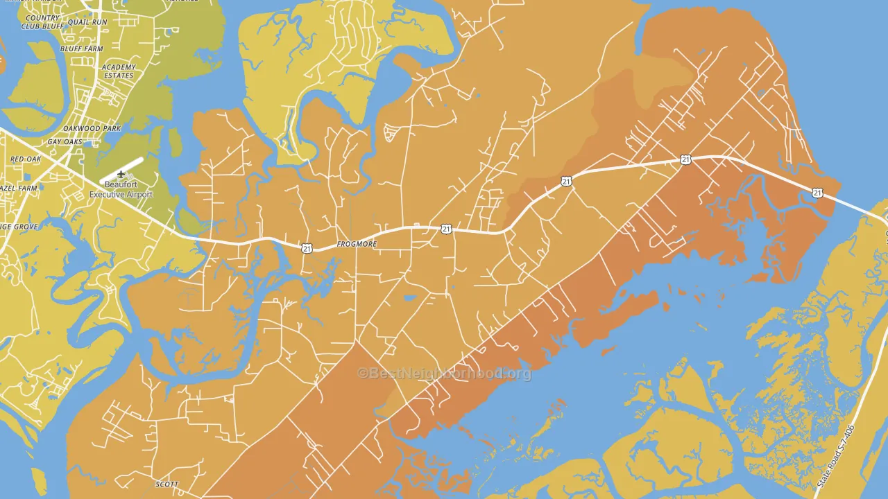 Map of the best neighborhoods in the St. Helena Island area, with better matches in green and worse matches in red
