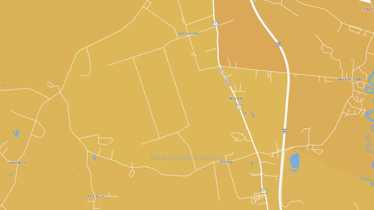 Map of the best neighborhoods in the St. Helena area, with better matches in green and worse matches in red