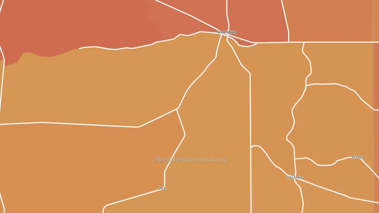 Map of the best neighborhoods in the St. Helena Parish area, with better matches in green and worse matches in red