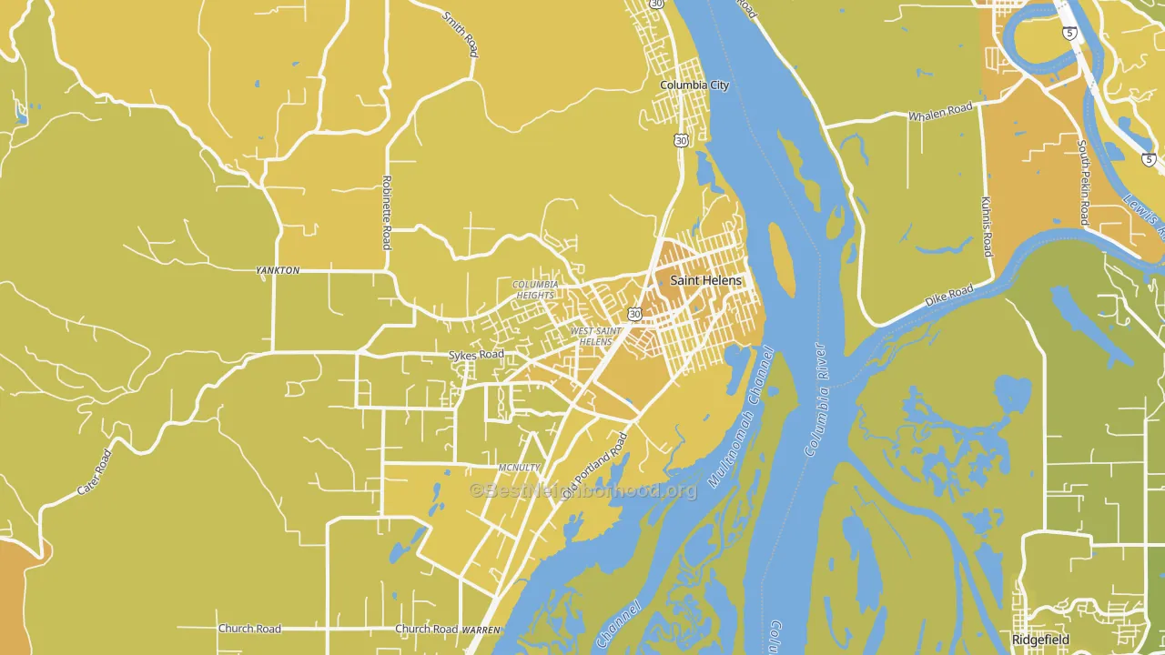 Map of the best neighborhoods in the St. Helens area, with better matches in green and worse matches in red