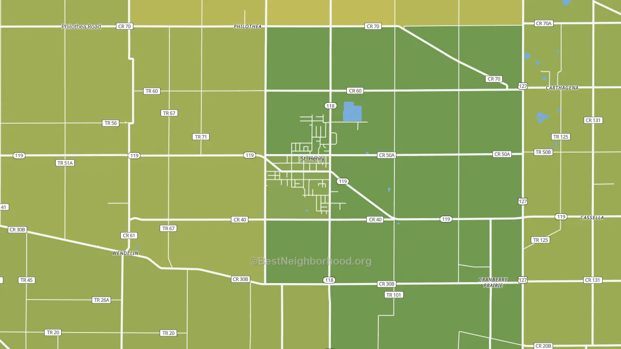 Map of the best neighborhoods in the St. Henry area, with better matches in green and worse matches in red