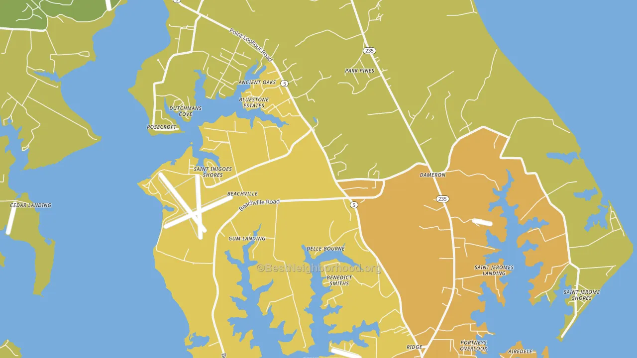 Map of the best neighborhoods in the St. Inigoes area, with better matches in green and worse matches in red