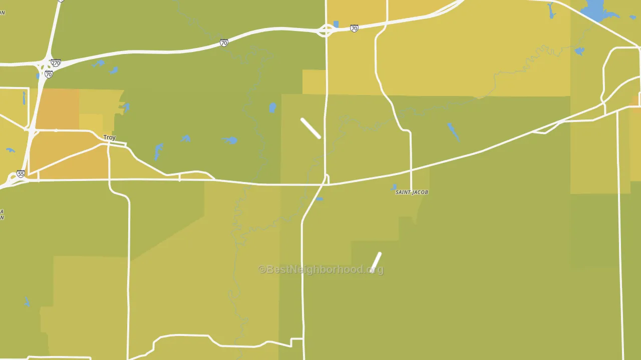 Map of the best neighborhoods in the St. Jacob area, with better matches in green and worse matches in red