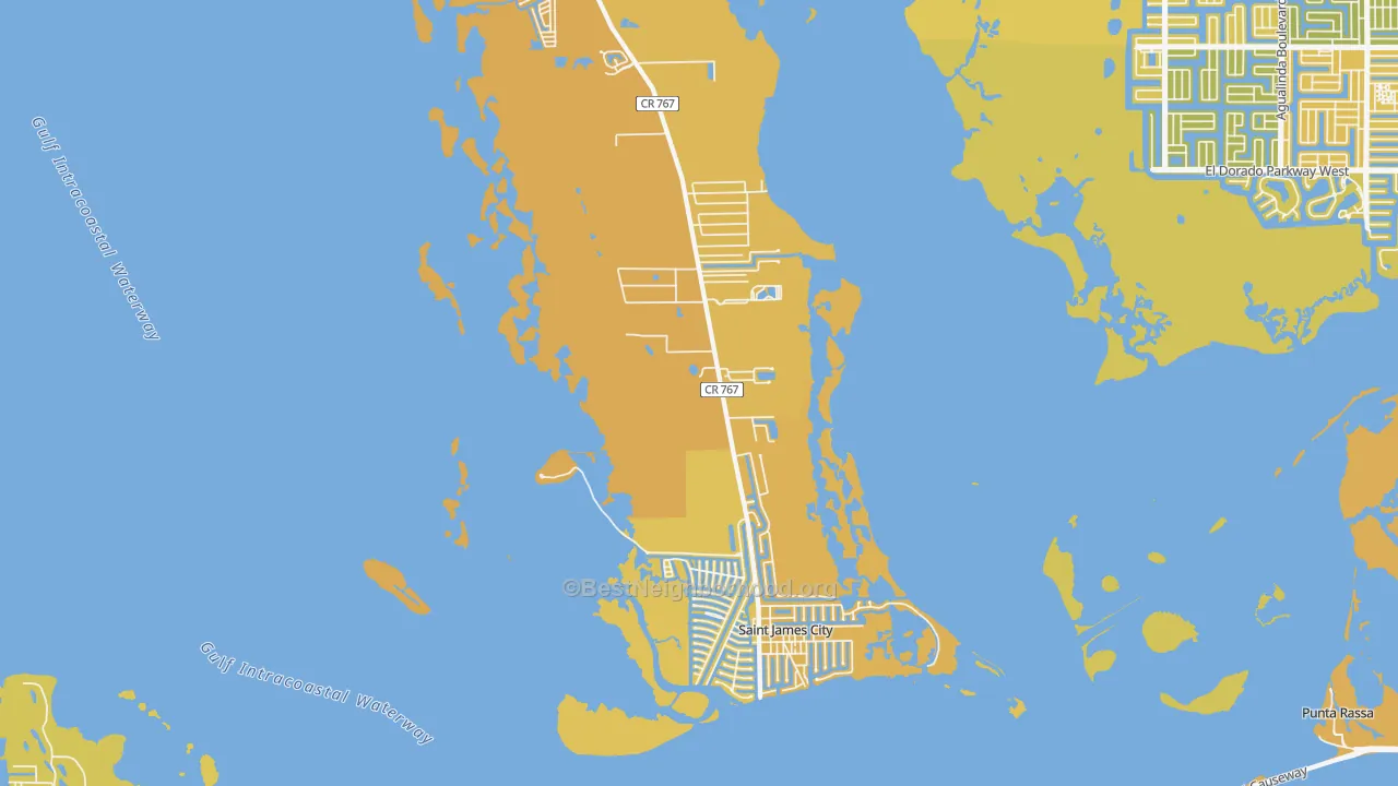 Map of the best neighborhoods in the St. James City area, with better matches in green and worse matches in red