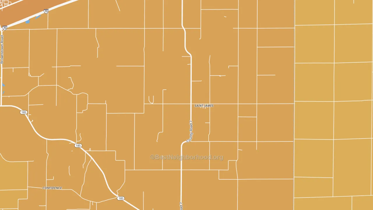 Map of the best neighborhoods in the St. James area, with better matches in green and worse matches in red