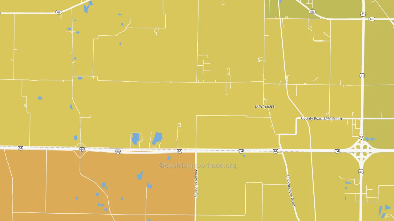 Map of the best neighborhoods in the St. James area, with better matches in green and worse matches in red