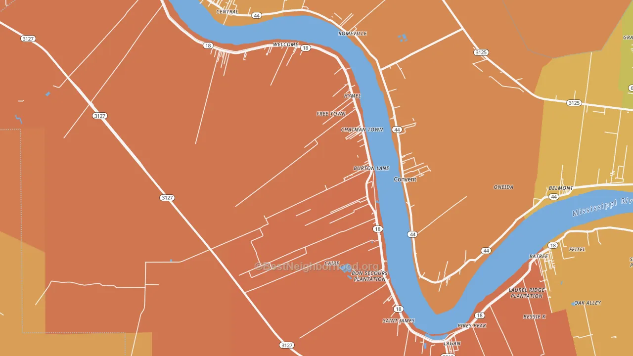 Map of the best neighborhoods in the St. James area, with better matches in green and worse matches in red