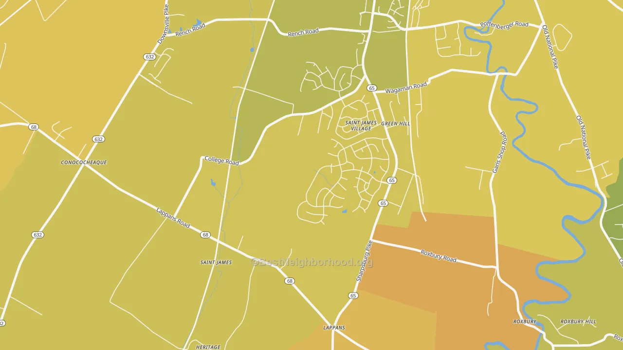 Map of the best neighborhoods in the St. James area, with better matches in green and worse matches in red