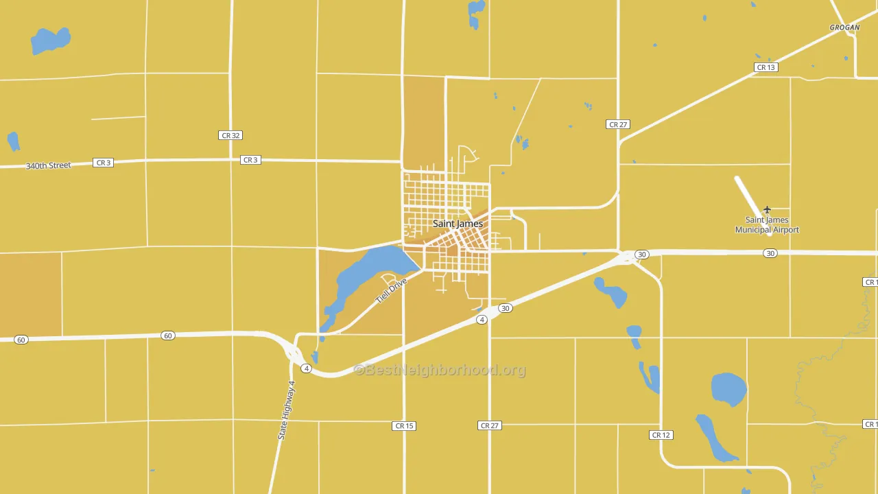 Map of the best neighborhoods in the St. James area, with better matches in green and worse matches in red