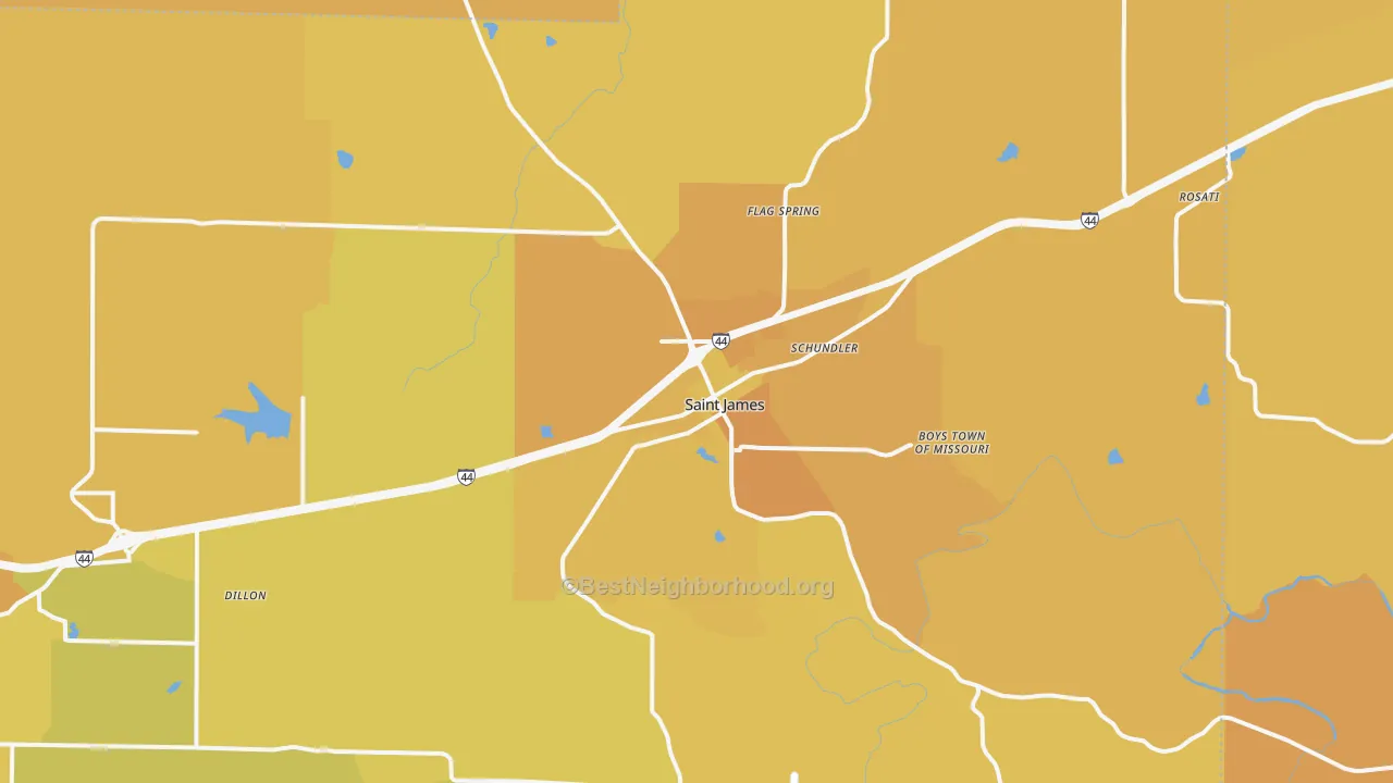 Map of the best neighborhoods in the St. James area, with better matches in green and worse matches in red