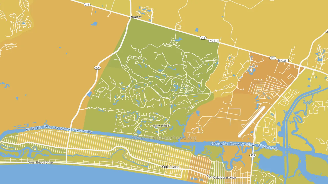 Map of the best neighborhoods in the St. James area, with better matches in green and worse matches in red