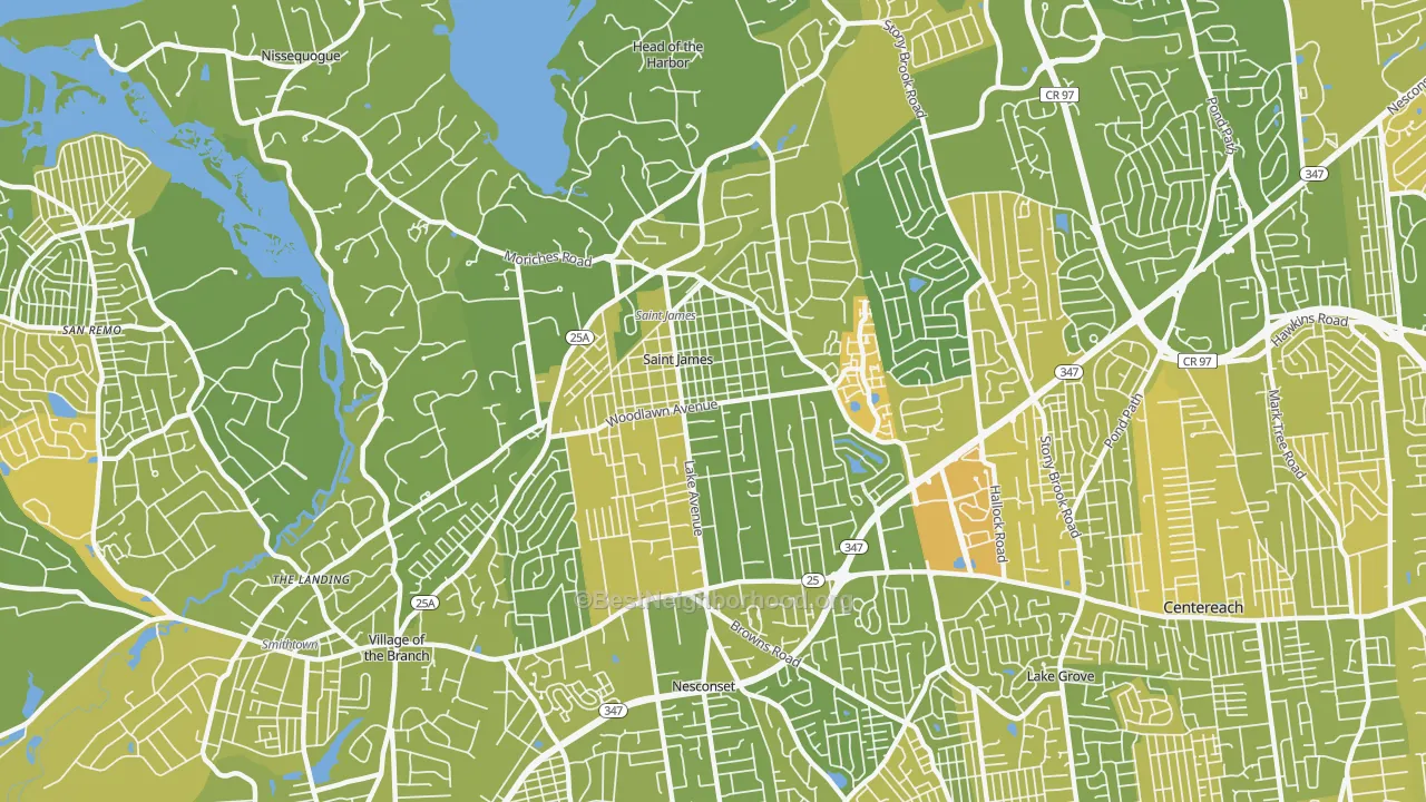 Map of the best neighborhoods in the St. James area, with better matches in green and worse matches in red