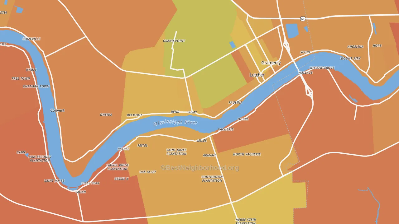 Map of the best neighborhoods in the St. James Parish area, with better matches in green and worse matches in red