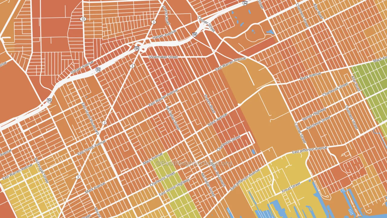 Map of the best neighborhoods in the St Jean, Detroit area, with better matches in green and worse matches in red