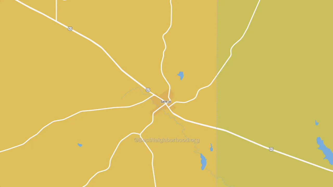 Map of the best neighborhoods in the St. Jo area, with better matches in green and worse matches in red