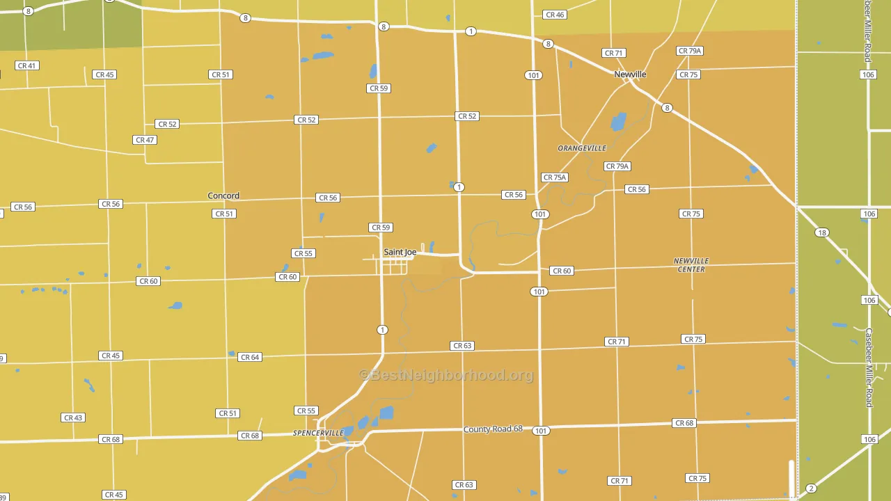 Map of the best neighborhoods in the St. Joe area, with better matches in green and worse matches in red