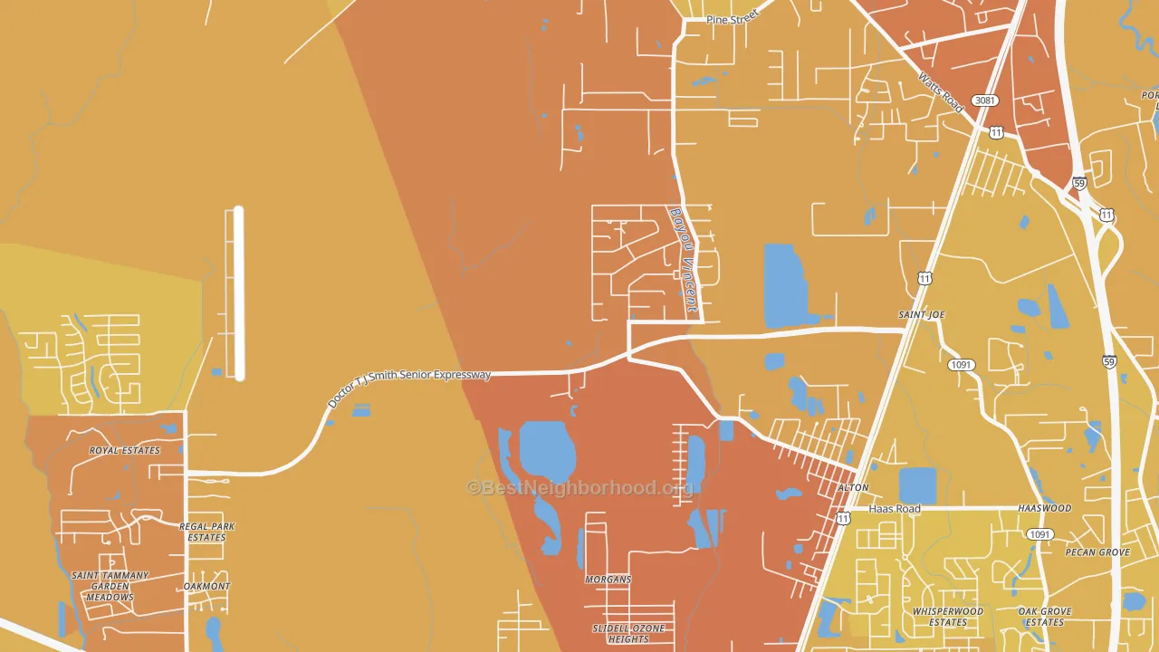 Map of the best neighborhoods in the St. Joe area, with better matches in green and worse matches in red