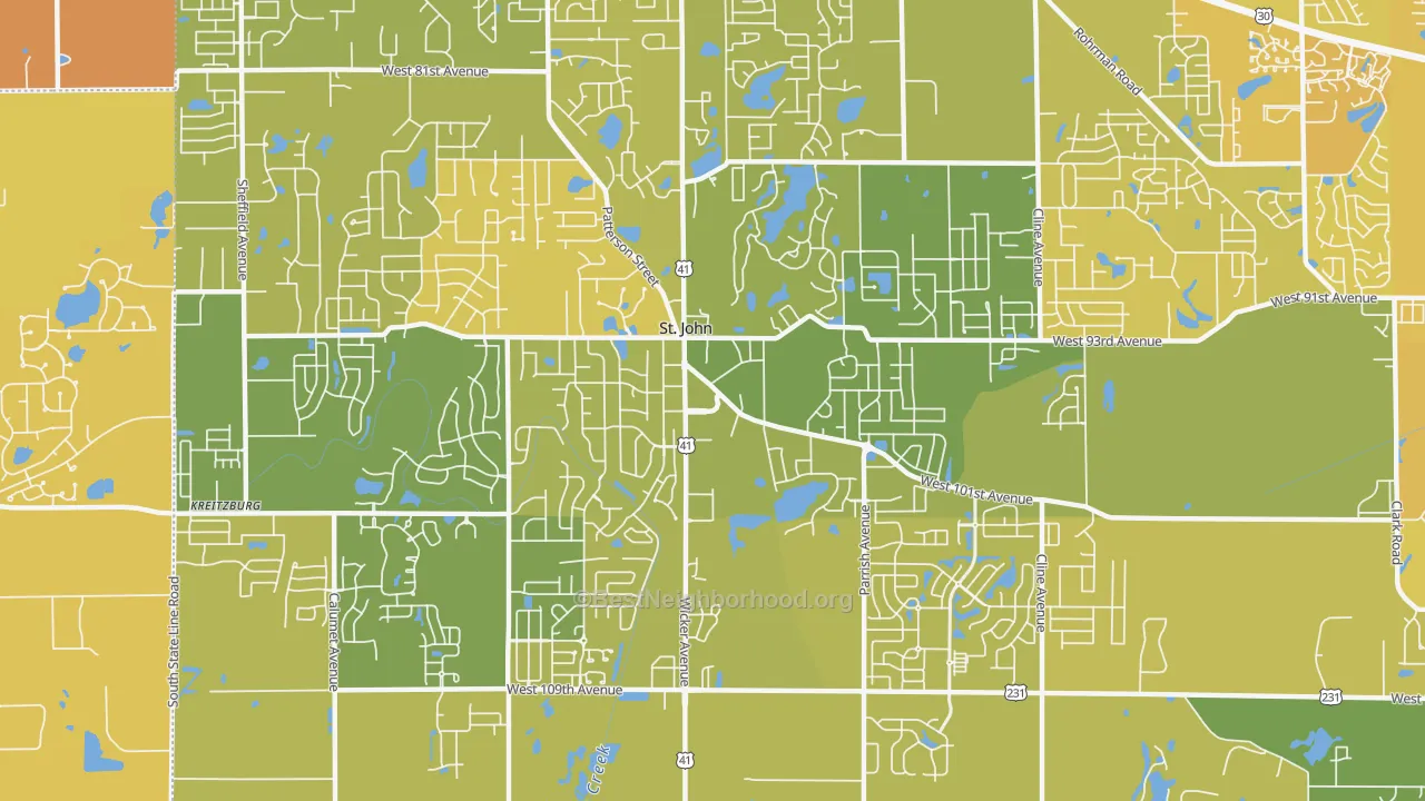 Map of the best neighborhoods in the St. John area, with better matches in green and worse matches in red
