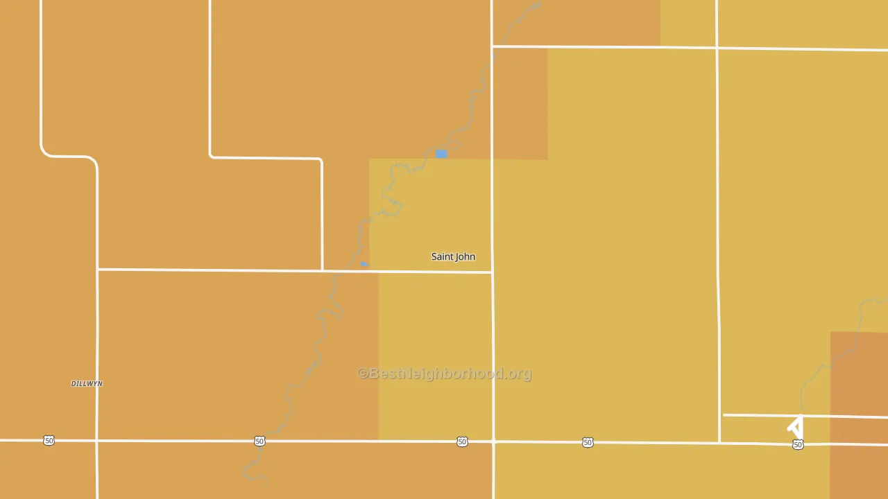 Map of the best neighborhoods in the St. John area, with better matches in green and worse matches in red