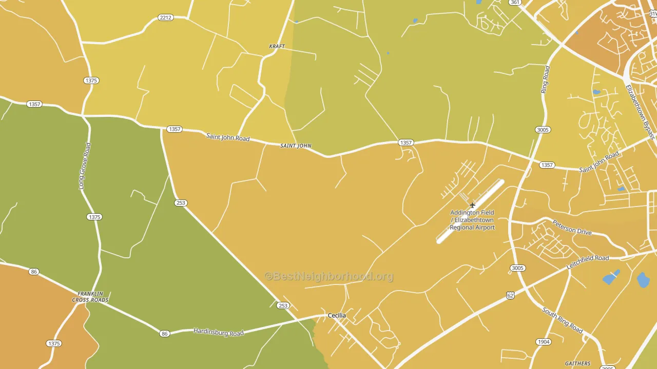 Map of the best neighborhoods in the St. John area, with better matches in green and worse matches in red