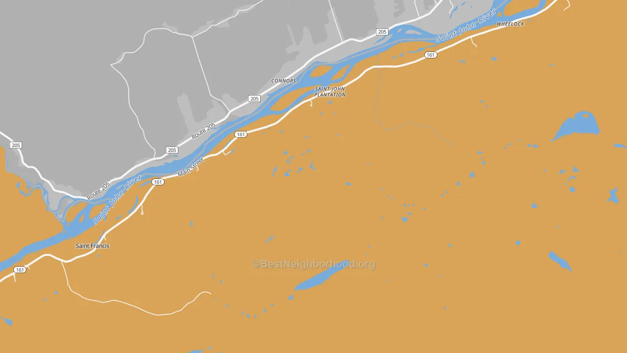 Map of the best neighborhoods in the St. John area, with better matches in green and worse matches in red