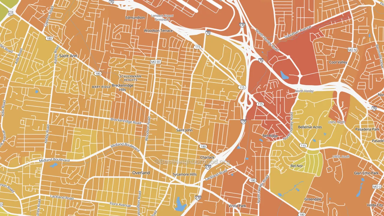 Map of the best neighborhoods in the St. John area, with better matches in green and worse matches in red