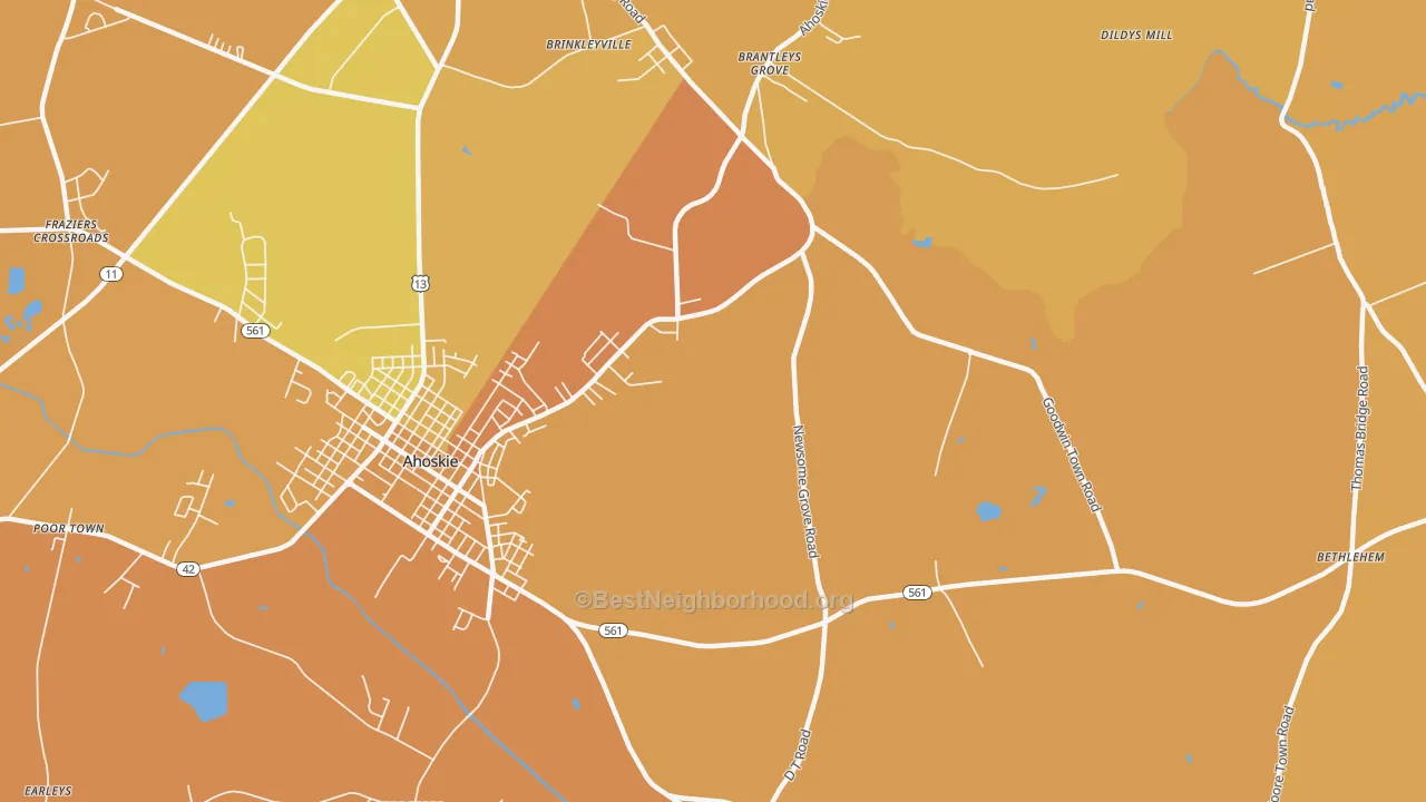 Map of the best neighborhoods in the St. John area, with better matches in green and worse matches in red