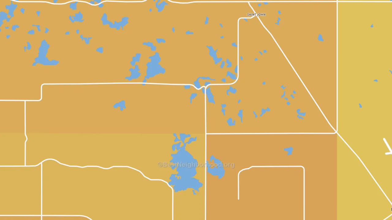 Map of the best neighborhoods in the St. John area, with better matches in green and worse matches in red