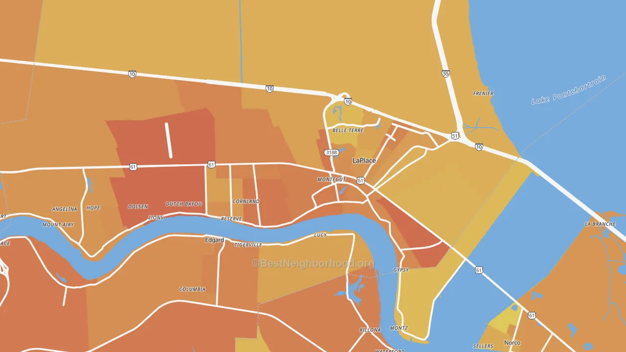 Map of the best neighborhoods in the St. John the Baptist Parish area, with better matches in green and worse matches in red